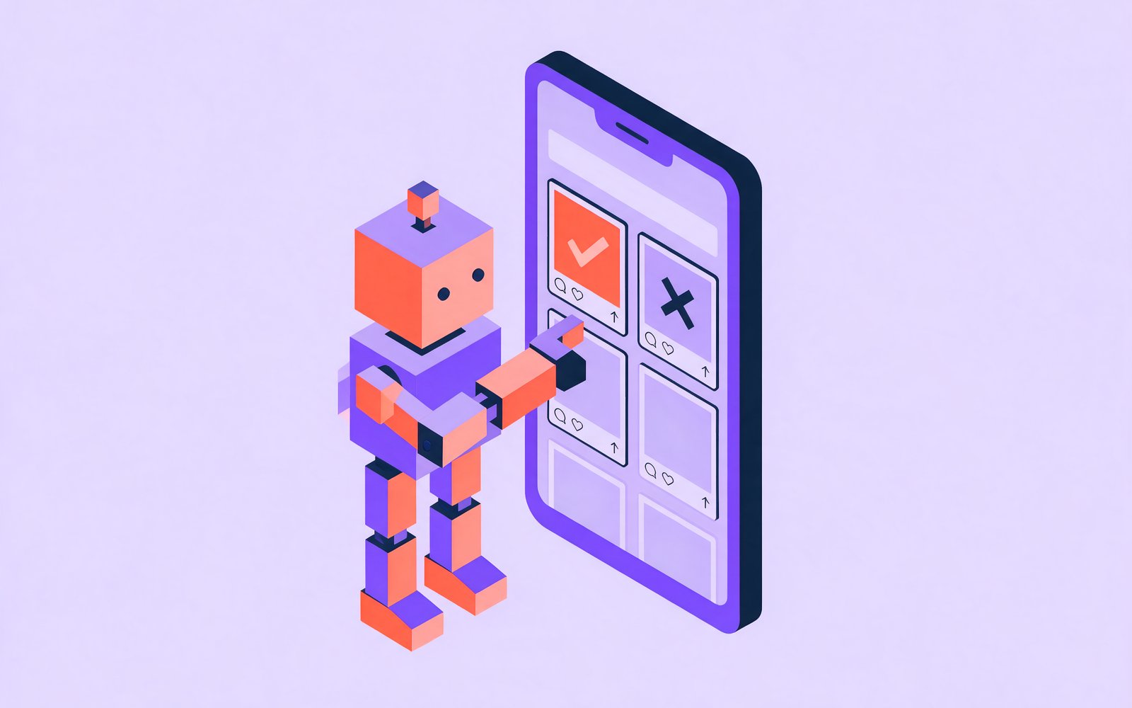 Ilustración isométrica de un robot junto a un móvil con publicaciones aprobadas y descartadas