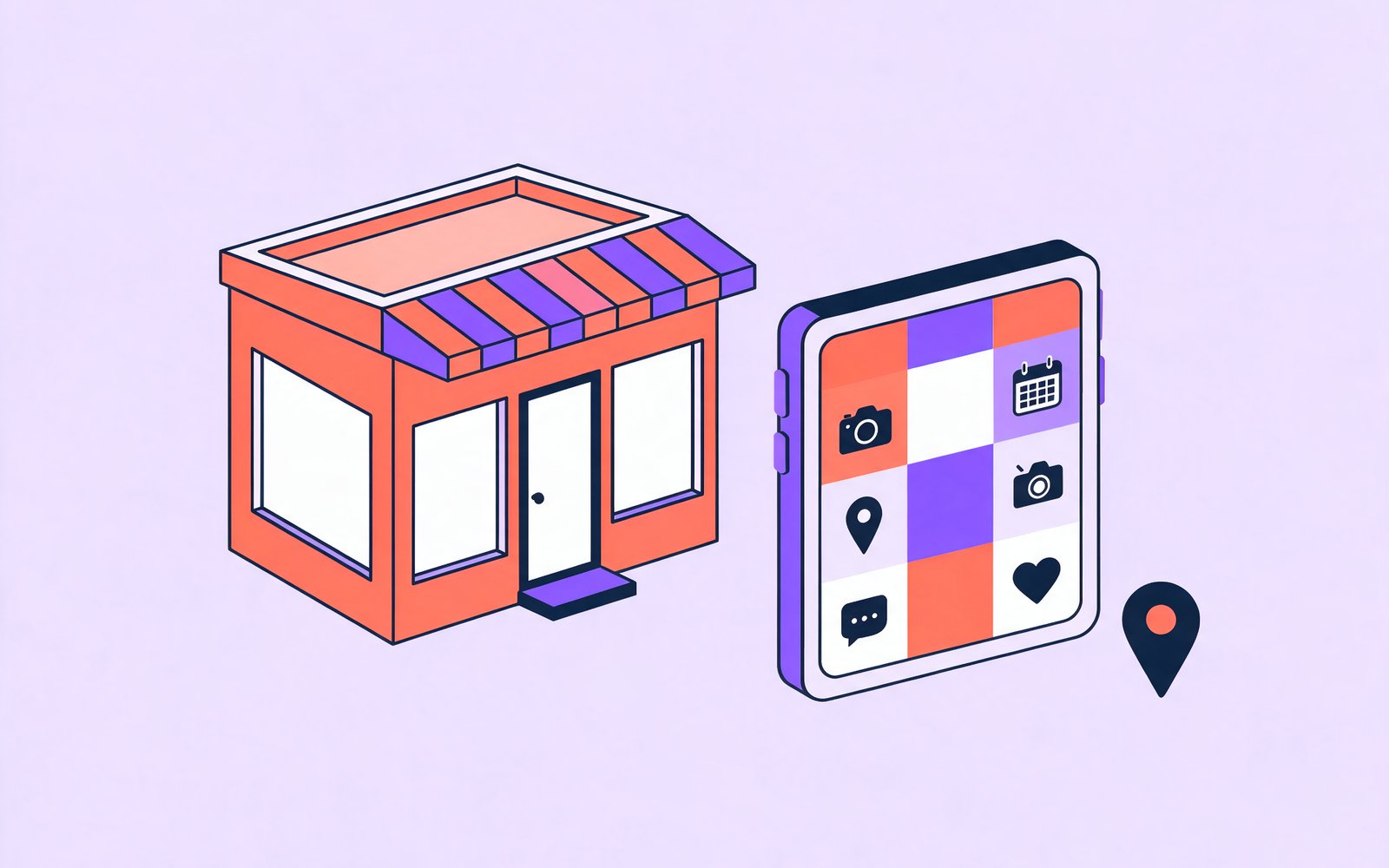 Ilustración isométrica de una tienda de barrio junto a un móvil con su perfil de Instagram